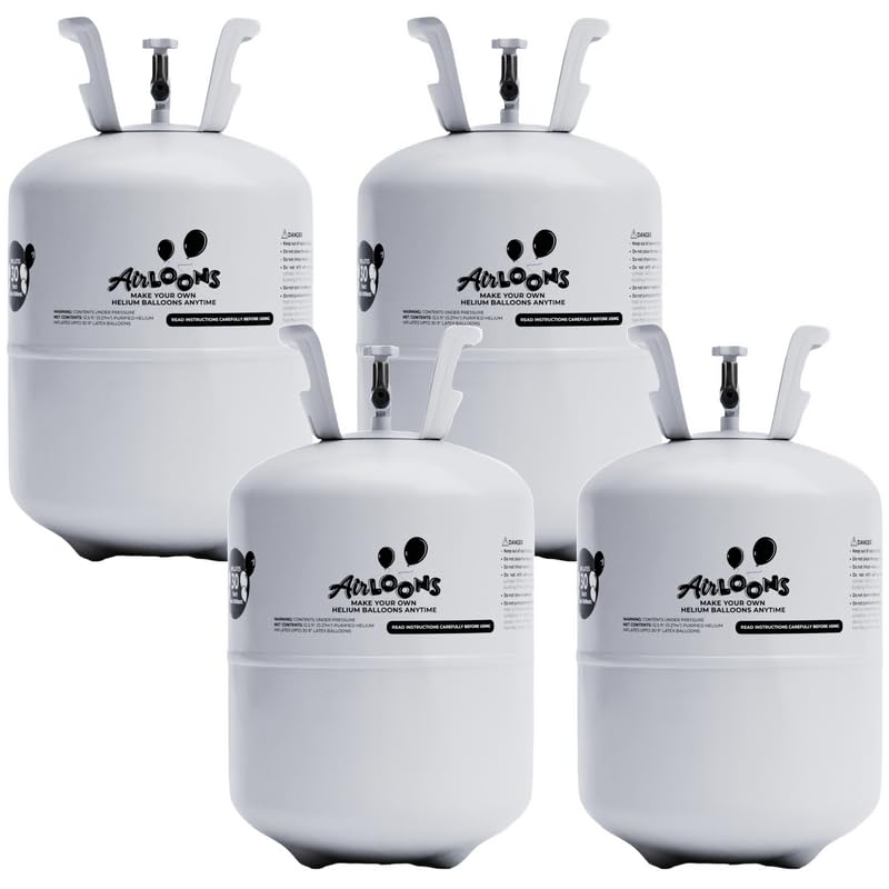 Airloons Portable Helium Balloon Kit Disposable Tank - Includes 4 Tanks, 120 Latex Balloons (9inch), Curling Ribbon Perfact For All Occasions- Birthday Party Celebrations, Events Decorations