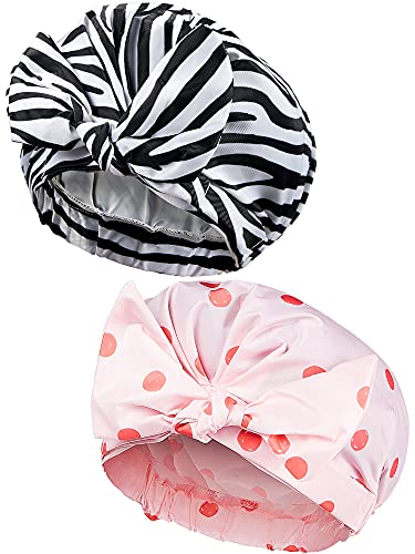 2 Pieces Shower Caps for Women, Waterproof Reusable Shower Hair Caps Elastic Hem Shower Bath Caps for Long, Short and Curly Hair for Women Girls (Dot and Flower)