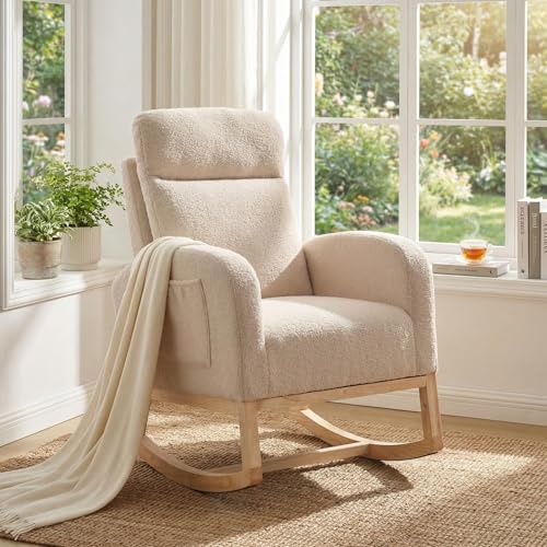 Image of PeacefulHues Modern Nursery Rocking Chair, Upholstered Glider Rocking Chair for Living Room, Comfortable Rocker Recliner with Side Pocket, Rocker Glider for Bedroom, Nursing Room