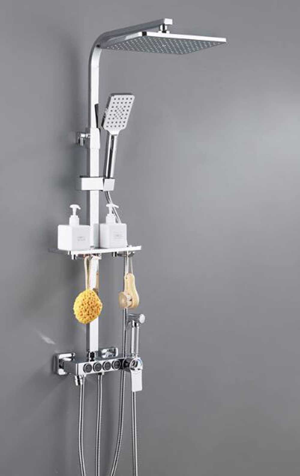 OZBMA Shower Set Bathroom Thermostatic System with Pressurized Spray Gun, Faucet Wall Mounted, Overhead and Adjustable Hand Exposed Column Chr