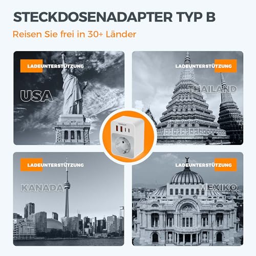 TESSAN Klappbarer USA Adapter Steckdose, 5 in 1 Reiseadapter USA Deutschland Stecker mit 2 USB C und 2 USB A, EU to US Adapter für Kanada, Thailand, American, Mexiko Steckdosen, Reiseadapter Typ B