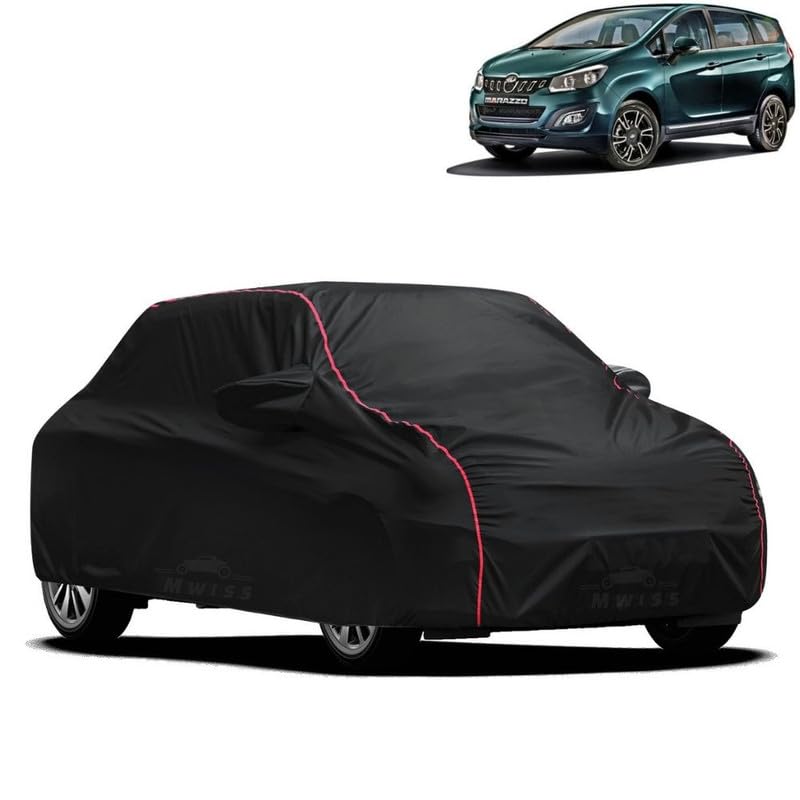 Image of Waterproof Car Cover for Mahindra Marazzo | All-Weather Protection, Dustproof & UV Resistant | Triple Stitched Mirror Pockets, Windproof Buckle Strap with Elastic Hem, Black-Red Piping