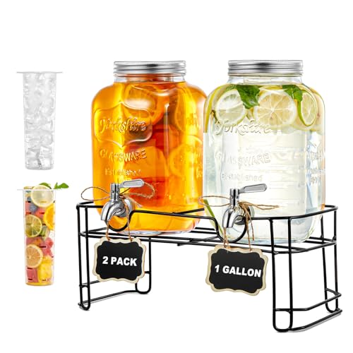 Dispensador de bebidas de vidrio con grifo, paquete de 2 dispensadores de bebidas de vidrio con soporte, espiga de acero inoxidable a prueba de fugas, cilindro de hielo, para Navidad, barbacoa, picnic