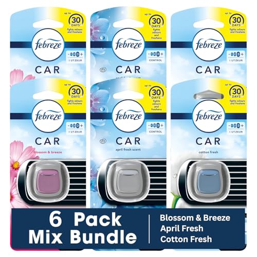 Febreeze Car Vent Clip Air Freshener 6 Packs | Blossom & Breeze Cotton Fresh & April Fresh | Up to 30 Days Fights Odours & Freshens