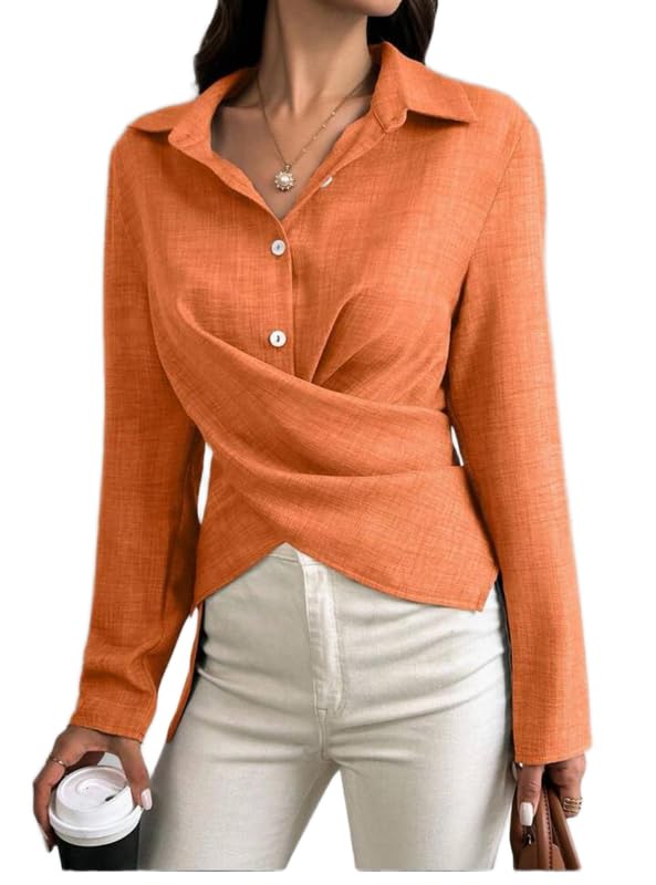 Women Orange Textured Wrap Blouse with Long Sleeves Collar Button Front Regular Fit Top for Office Wear Casual Outings and Chic Polished Everyday Styling - Orange-picture-32