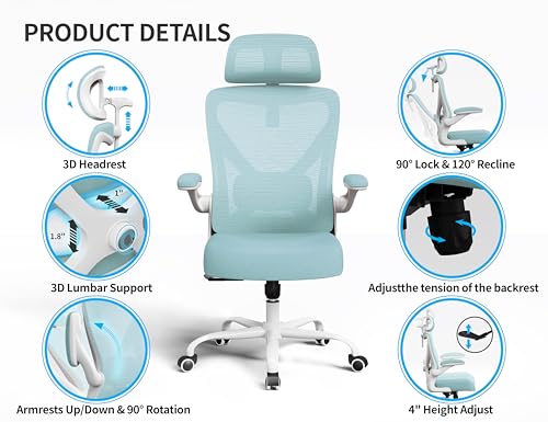 Image of Ergonomic Office Chair: Computer Desk Chair Comfy Gaming Chair for Adults - Office Chair with Lumbar Support & Headrest - Executive Office Rolling Chairs for Home Work (Lake Blue)