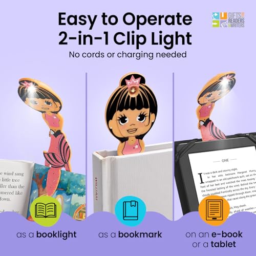 Image of Gifts for Readers & Writers Bookmark Reading Light Mermaid Pink - 2in1 Clip On Bookmark Kids Light for Reading in Bed, Travel Cute Lights, 8 Lumen LED
