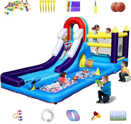 Castillo Hinchable Acuatico con soplador, Grandes tobogán seco y de Agua, Castillo Hinchable Grande para Niños, Uso en Interiores y Exteriores, 490 ×216×207 cm