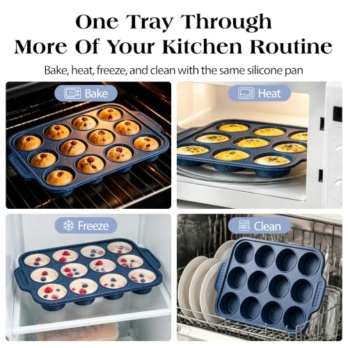 Image of Silicone Muffin Pans for Baking with Metal Reinforced Frame | Nonstick 12-Cup Regular Size Cupcake Tray for Egg Bites, Muffins & Cupcakes, Dishwasher Safe, Dark Blue, 1 Pc