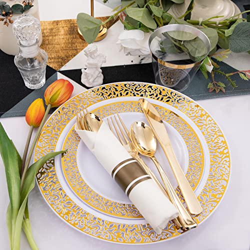 Wellife 350 Pieces Gold Plastic Dinnerware,Disposable Gold Lace Plates, Include:50 Dinner Plates,50 Dessert Plates, 50 Pre Rolled Napkins With Gold Silverware And 50 Cups #TOP2