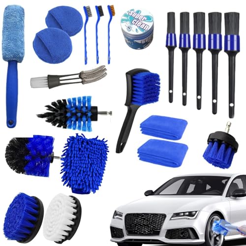 Kit de cepillos para coche, 30 cepillos para detalles interiores, 5 cepillos de taladro eléctrico, juego de cepillos de limpieza de coche, cepillos de coche húmedos y secos con cerdas de alta densidad