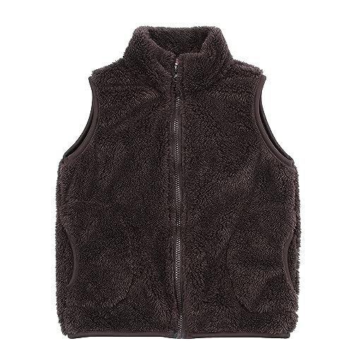JESKIDS Girls' Boys Sherpa Fleece Vest Outwear Lightweight Solid Color Cute Jacket with Pockets 2-11 Years 12-13 Years Coffee