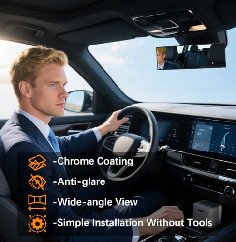 Image of Rear View Mirror, Chrome Anti-glare Panoramic Rear Mirrors Universal 10 Inch Convex Car Interior Clip on Extra Big Wide Angle Rearview Mirror Extender to Reduce Blind Spot for Car SUV