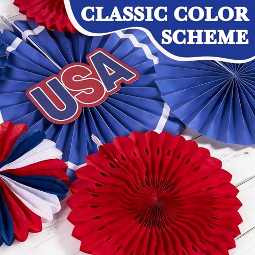Image of 4th of July Patriotic Decorations 250th Anniversary Red White Blue Paper Fans Pompom Star Tassel Garland Independence Day Hanging Swirls for Fourth of July Memorial Party Supplies Decor