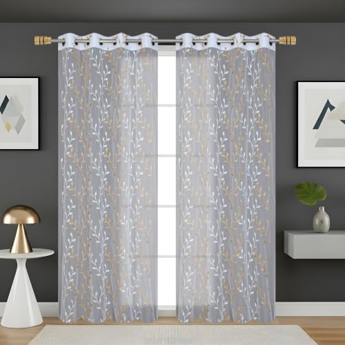 Image of Fabrilia Sheer Tissue Embroidery Curtain for Living Room, Bedroom & Dining Area | Leaf Vine Pattern Net Eyelet Curtain | White with Gold Touch Design | 5 feet Long Set of 2 Curtain