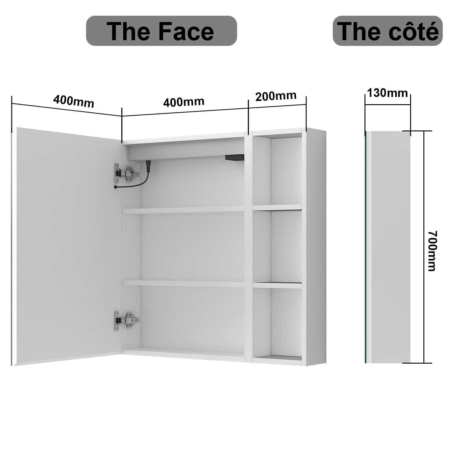 AICA Armoire de Toilette avec Miroir LED et Étagère Latérale, Anti-Buée, Éclairage 3 Couleurs + Prise, Blanc 60x70 cm