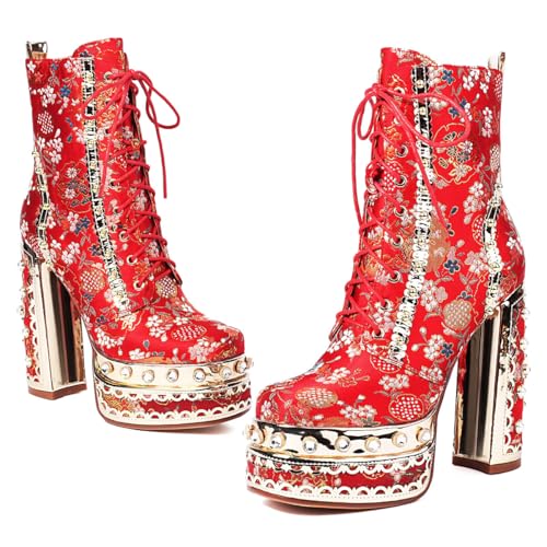 Feinlina Cowgirl Block Heel Ankle Platform Boots for Women Red Embroidered Fabric Gemstones Closed Toe Dress Wedding Party Booties2