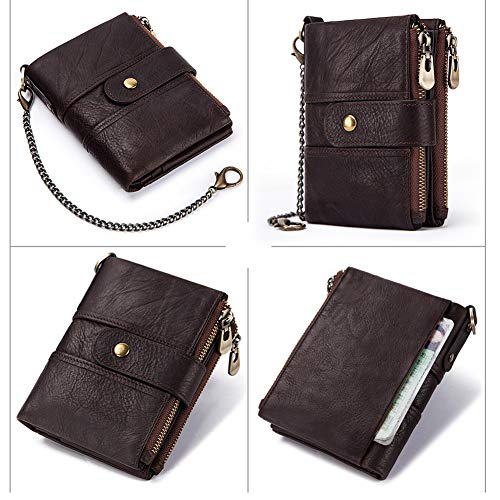 Image of boshiho Genuine Leather Bifold Chain Wallet for Men RFID Blocking | Heavy Duty Steel Anti-Theft Chain & 2 Zipper Coin Purse. Perfect for Bikers, Daily Commute, Gift for Dad /Husband
