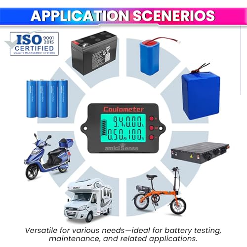 Image of amiciSense Coulomb Counter Meter 8-120V 50A - True Battery Capacity Meter with Bi-Directional Detection, Voltage /Current /Ah Display, Splash-Proof Panel - Compatible with Lithium, Lead-Acid & More