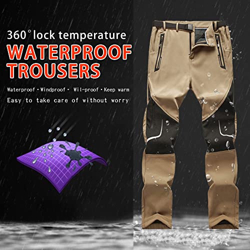 Men's Cargo Trousers Fleece Softshell Tracksuit Bottoms Waterproof Outdoor Warm Thicken Padded Hiking Ski Pants Winter Warm Ski Trousers Outdoor Hiking Walking Camping Pants with Zip Pockets Khaki - Image 3