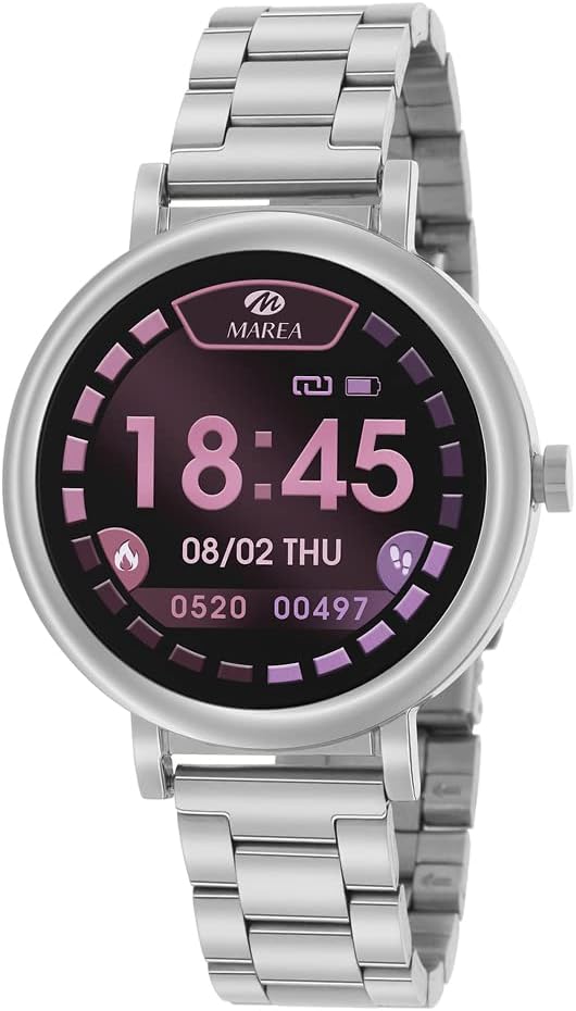 Marea B61002/1 Smartwatch with silver stainless steel band and a digital display showing time 18:45, date 08/02 THU, and fitness metrics.