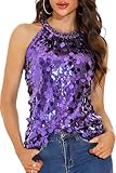 GUANYY Womens Dressy Halter Sequin Top Sleeveless Sparkle Shirts Disco Club Cocktail Concert Party Wear Purple Large