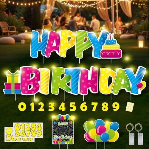 Happy Birthday Yard Sign with Stakes & 33ft LED Lights DIY Gold Age Number Stickers - Fast Setup Weatherproof Outdoor Party Lawn Decorations (Six 16x11 Pre-Grouped Panels)