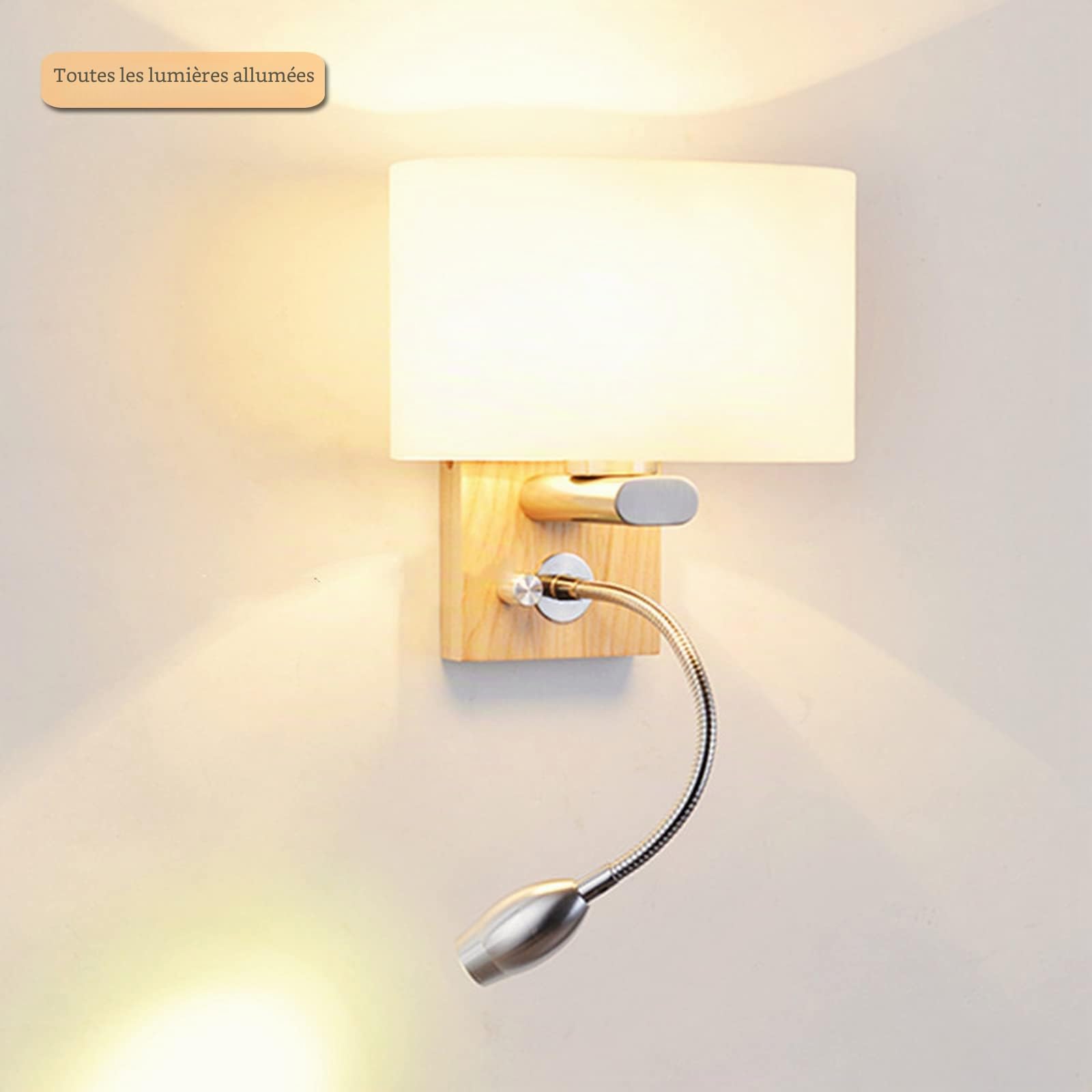 Luminaire Applique Murale Bois Avec Interrupteur Lampe Lecture Murale LED Tube Metal Cygne Flexible Réglable Abat Jour Verre Liseuse Chevet Murale Douille E27 Salon Étude Chambre Adulte (2 pack)