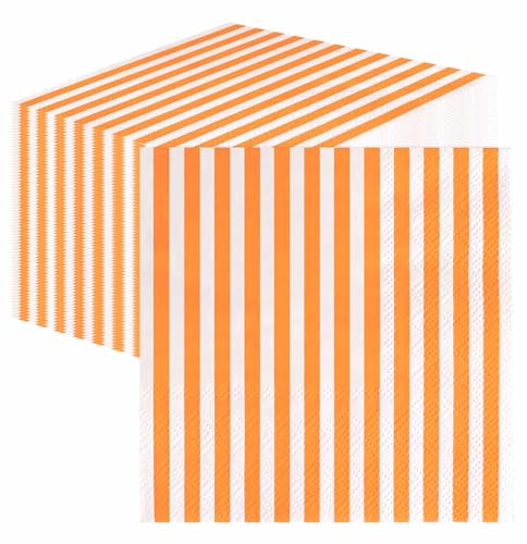 SietDESEO 50 Pieces Orange Striped Napkins Disposable 3-Ply Orange and White Striped Cocktail Napkins Paper Dinner Napkins for Birthday Baby Shower Wedding Party Beverage Napkin
