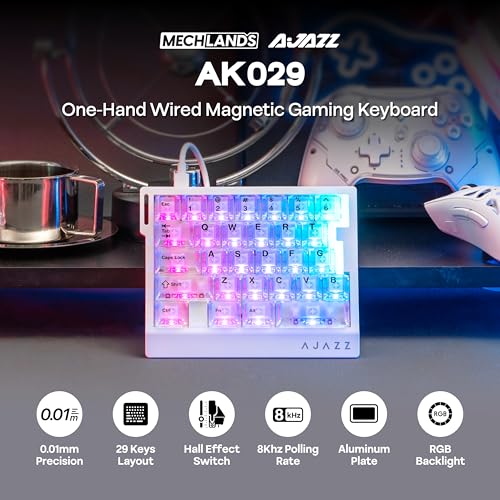 Image of MechLands AJAZZ AK029 One Handed Gaming Keyboard, 8Khz Polling, 29 Keys Rapid Fast Wired Keyboard, SOCD & DKS, Magnetic Switch, Adjustable Actuation, RGB Backlits, Aluminum Plate (White Transparent)