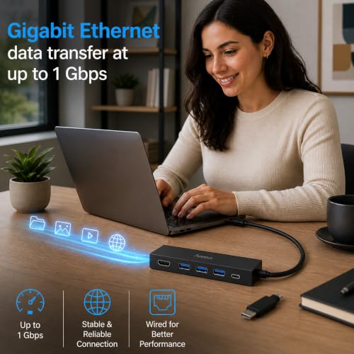 Image of HAMA 6-in-1 USB-C Hub /Docking Station with 4K 30Hz HDMI, Gigabit Ethernet, 3 x USB 3.2 Gen 1 Ports, 100W PD Charging, USB-C Multiport Adapter for Laptop, MacBook, PC & Tablet - 5 Year Warranty