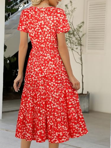 Image of Lyrur Women's Dresses Casual Summer Tiered Midi Dress Short Sleeve Belted Ruffle Babydoll Boho Sundress with Pockets