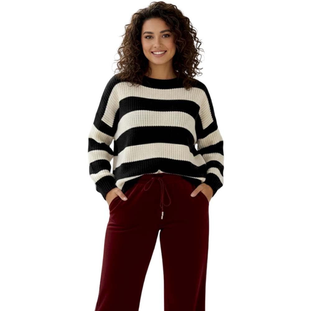 FASHION 7STAR Women’s Striped Chunky Knitted Sweater – Long Sleeve Oversized Crew Neck Casual Wear Pullover, Warm Winter Jumper, Soft Cozy Top for Autumn and Winter Black/White