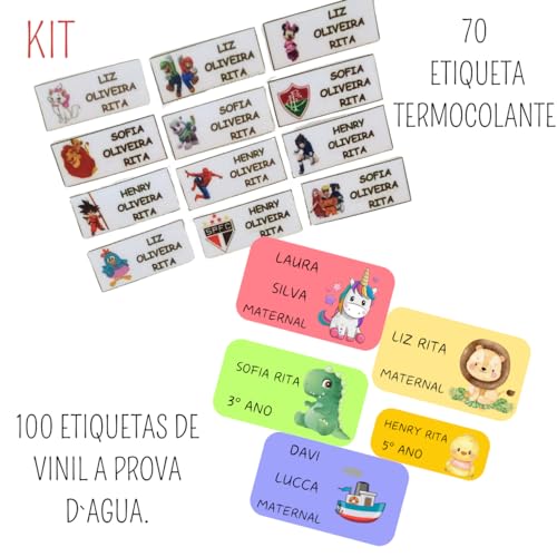 Kit De Etiquetas Personalizadas para Material Escolar E Roupas - Vinil À Prova D'água + Tecido Terrmocolante Tamanhos Variados Para Canetas, Lápis, Cadernos, Livros, Garrafas, Roupas, etc.