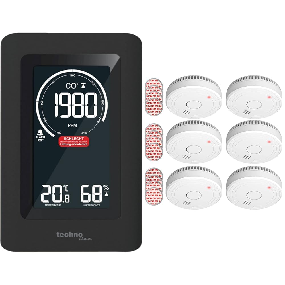 Technoline Co2 Messgerät WL1030, CO2-Anzeige, mit grafischen & ELRO FS1805M FS1805 6-Pack Rauchmelder mit Magnetklebe Kit-5 Jahre Batterie und Garantie/DIN EN14604, 6 Stück