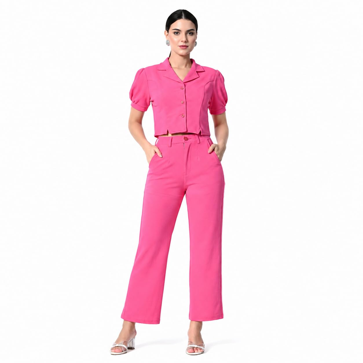 Women's Solid Puff Sleeve Co-Ord Set | Collared Crop Top with High Waist Wide Leg Pants | Two Piece Matching Outfit | Casual Office Wear | Stylish Westernn Wear for Women-image-35