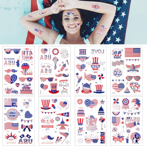 Zienlay 4th of July Temporary Tattoos, Metallic USA Fourth of July Patriotic Tattoos | American Flag Red White and Blue Face Tattoo Stickers, Independence Day Memorial Day Party Accessories Decoration