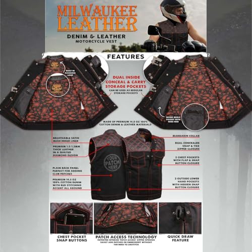 Milwaukee Leather MDM3036 Men's 'Wrecker' Black Denim and Leather Club Style Vest w/Diamond Quilt Design2