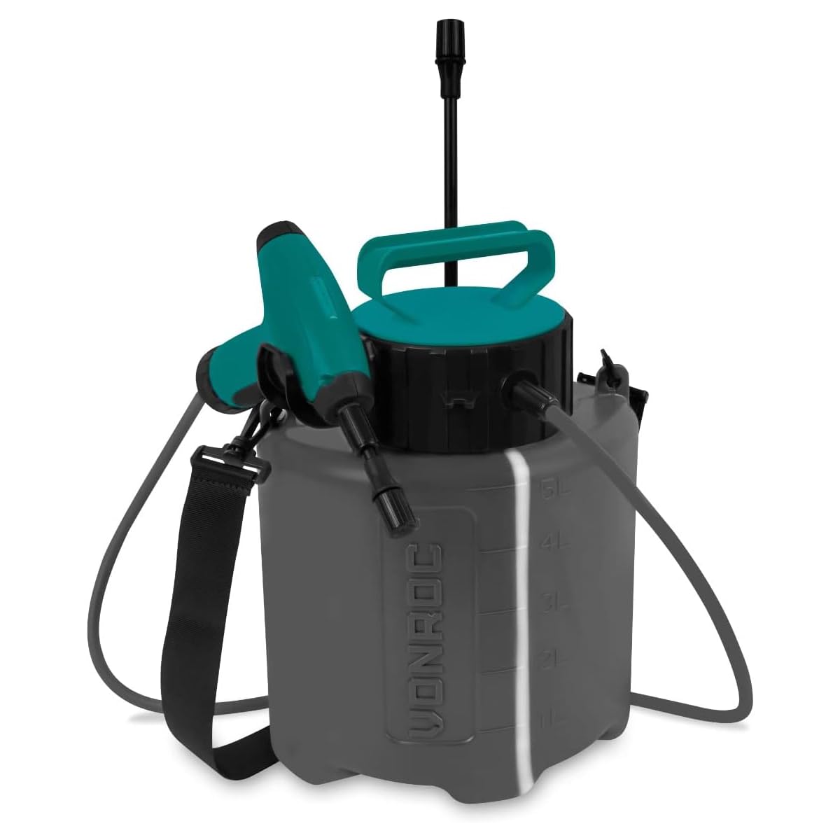 VONROC Drucksprüher 5 Liter - Integrierter 4V-Akku - Led-Anzeige - Inkl. 2 Sprühlanzen, Schultergurt und USB-Ladekabel