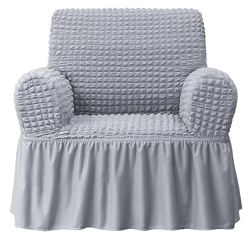 Image of House of Quirk Turkish Bubble Frill 280 GSM Sofa Slipcovers, Durable Washable Universal Single Seater High Elastic Furniture Protector (Smoke, 90-145cm)