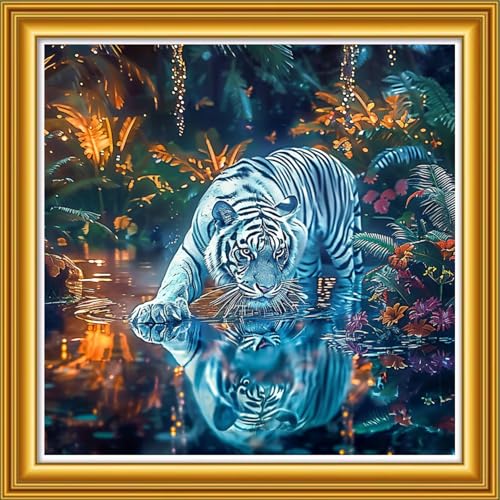 Image of Dooxvey Counted Cross Stitch Kits for Adults 11CT Printed Cross-Stitch Patterns Cross Stitching Embroidery Kit Stamped or Counted Needlepoint Kits-Forest White Tiger 18x18 inch