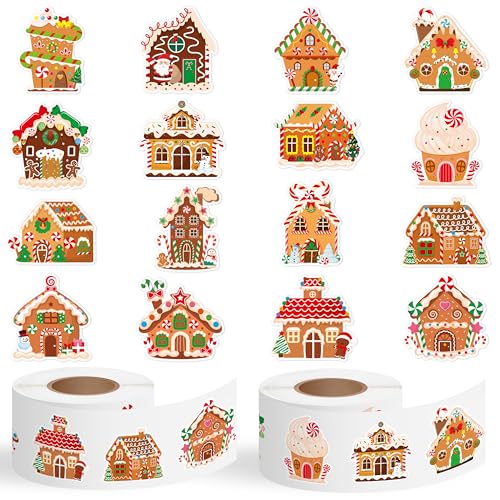Haooryx Gingerbread House Sticker Rolls - 1000Pcs Christmas Theme Gingerbread House Stickers with 16...