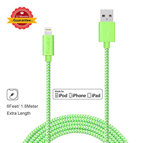 Apple Charger, 6 Ft iPhone 6S Charger, iPhone Charger, F-color™ Long Heavy Duty Braided Lightning to USB Cable for iPhone 6S 6 Plus 5S 5C 5, iPad 4 Air 2 Mini 4, iPad Pro, iPod Touch 5 Green