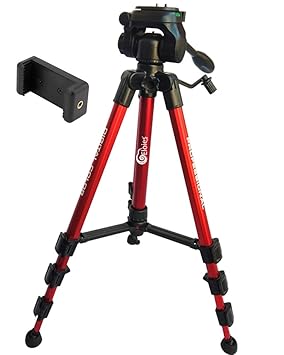 Eloies Jaguar 3 Way Pan Head Photo Video Heavy Built Tripod for Mobile Phones and Cameras Max Height 4.75 Foot Mobile Mount Included ((RED))
