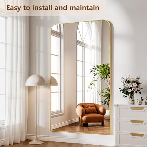 Image of Koonmi Full Length Mirror, 81 inchx41 inch Mirror Full Length with Stand, Gold Domed Top Square-Edged Floor Mirror with Aluminum Alloy Frame for Bedroom Living Room