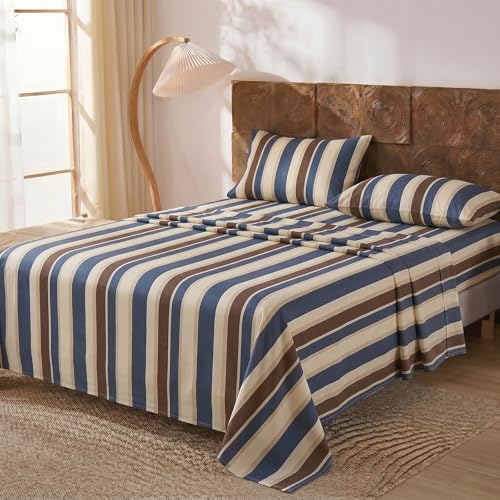Image of Merryword Blue Cabana Striped Sheet Set King Size - 100% Cotton Striped Bedding 4 Pieces, Soft Breathable Percale Weave, 17.5 inch Deep Pocket, Luxury Linen Like, All Season Comfort