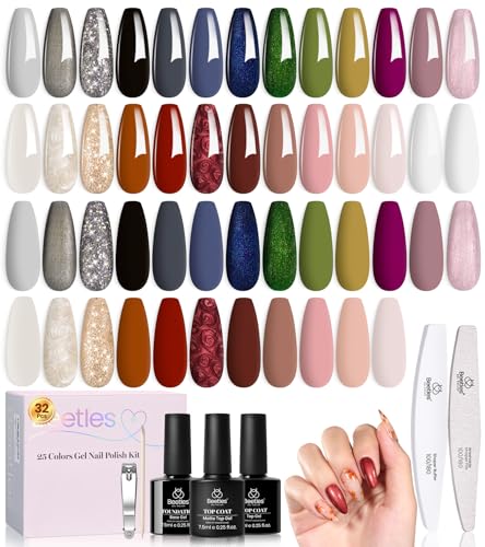 Image of beetles Gel Polish Set - Gel Nail Polish Kit Gilded Veil 25 Colors Black White Burgundy Blue Nude Grey Green Glitters UV Led Nail Polish with Top Base Coat Soak off Nail Art Gift for Women