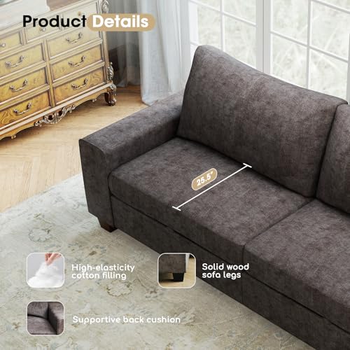 Image of Couchus 88 inch Upholstered Sofa Couch with Seats Storage, Chenille Fabric Couch for Living Room, Office, Apart W /Deep Seat, Wide Arms, Side Pockets,Removable Cover (Dark Grey)