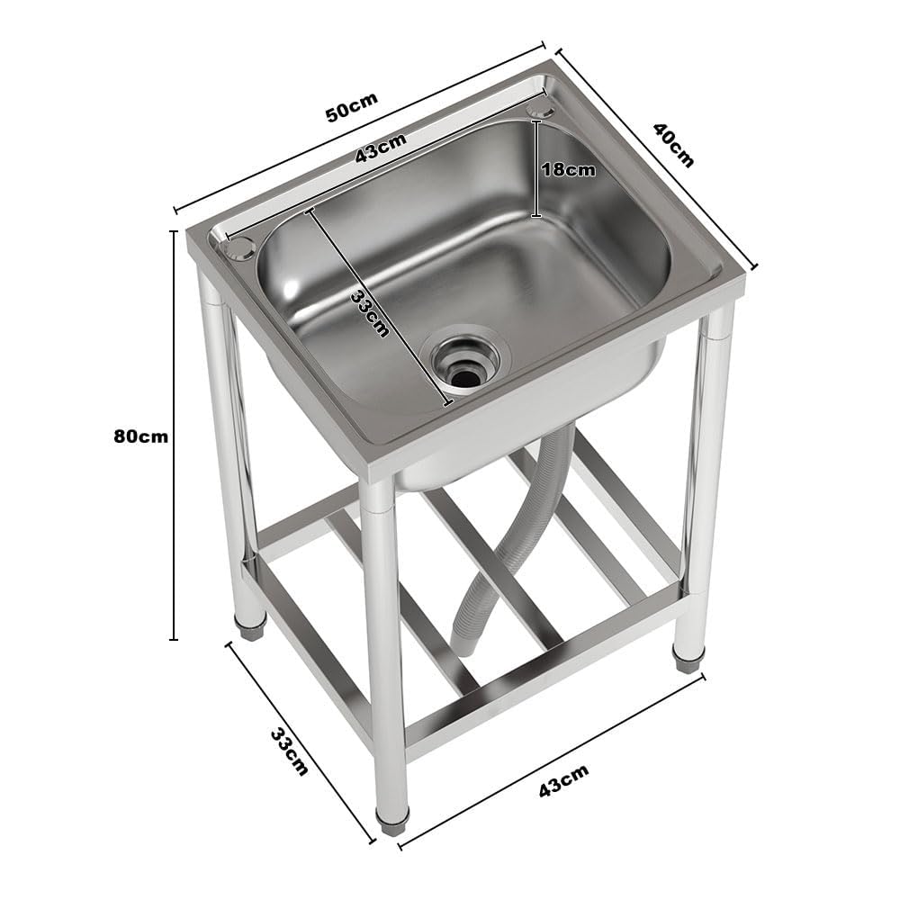 Freistehende Spüle Edelstahl Spültisch mit 43×33×18 cm Becken – Outdoor Waschbecken für Küche, Garten (Edelstahl Silber, 80 cm x 50 cm x 40 cm)
