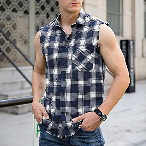 LOGEEYAR Men's Sleeveless Shirt Plaid Flannel Button Down Casual Vest Shirts2